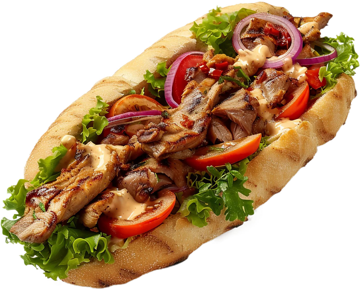 Döner im Fladenbrot mit Salat, Tomaten, Zwiebeln und Joghurtsoße
