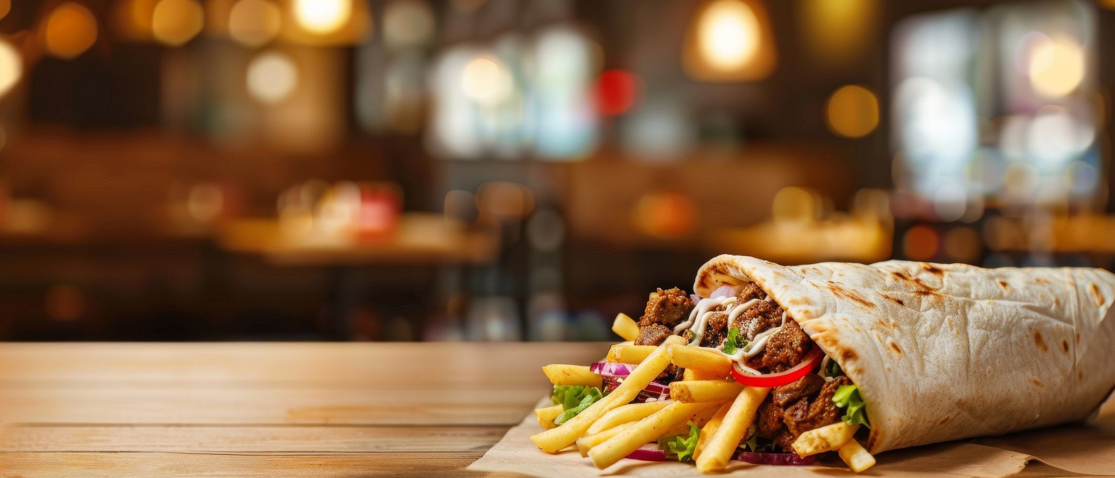 Dürüm mit Pommes auf einem Holztisch